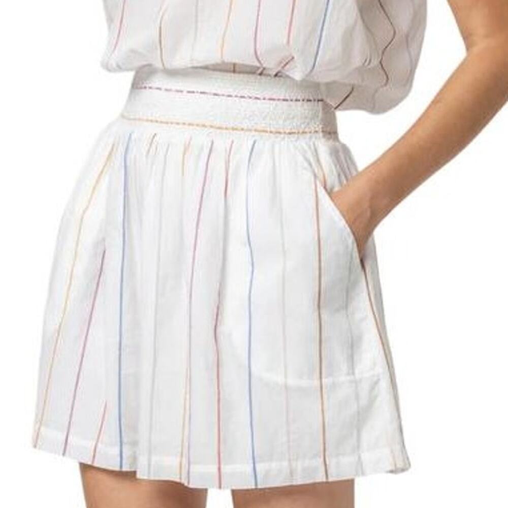 Lilla P Smocked Waist Short Mini Skirt White Stripe S NWT Quiet Luxury Minimal